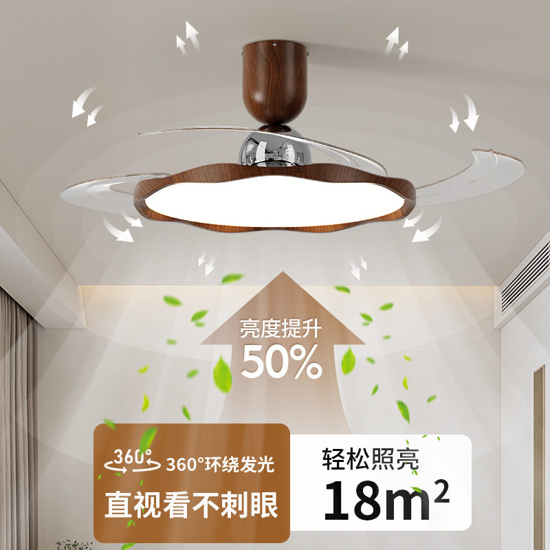 风扇灯隐形静音中古风餐厅卧室灯简约复古木纹色电扇灯一体吸顶灯图片