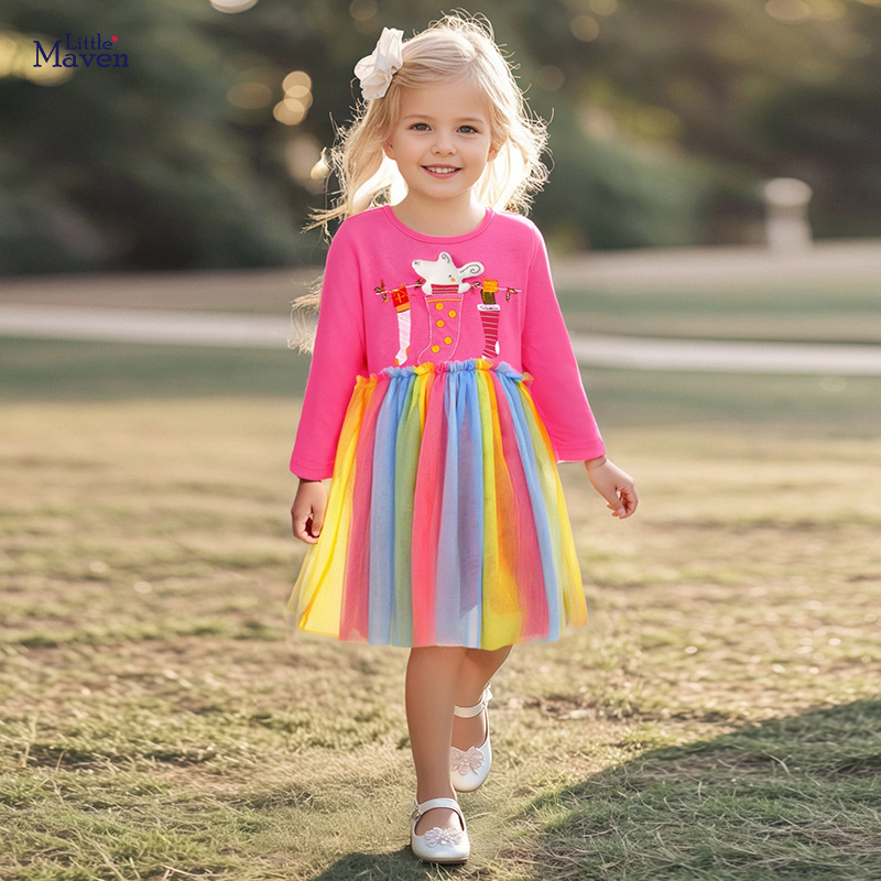 Little maven秋季网纱女童连衣裙欧美风长袖卡通儿童裙子一件