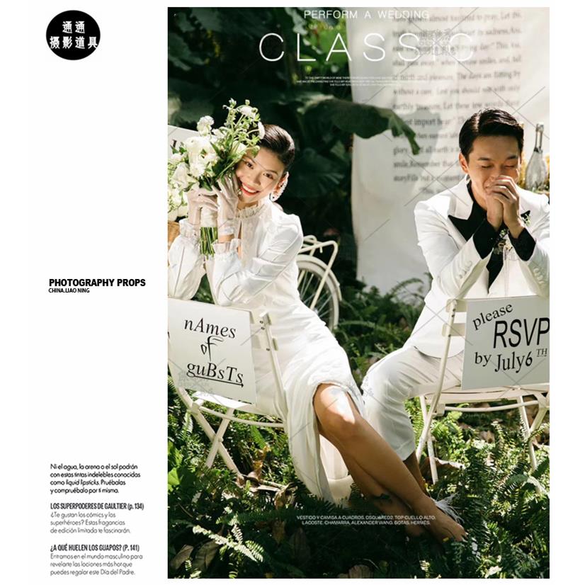 外景英文背景布摄影道具 手拿手举小方牌 情侣 旅拍森系白色挂布