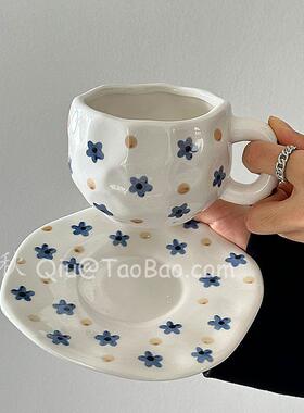 三秋Sanq覆古手绘手捏蓝色碎花咖啡杯碟下午茶水杯拿铁杯小众礼物