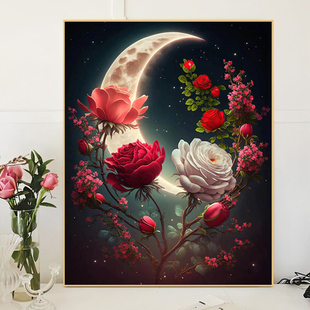 风景钻石画2023新款手工牡丹玫瑰月亮贴钻十字绣水钻客厅卧室满钻