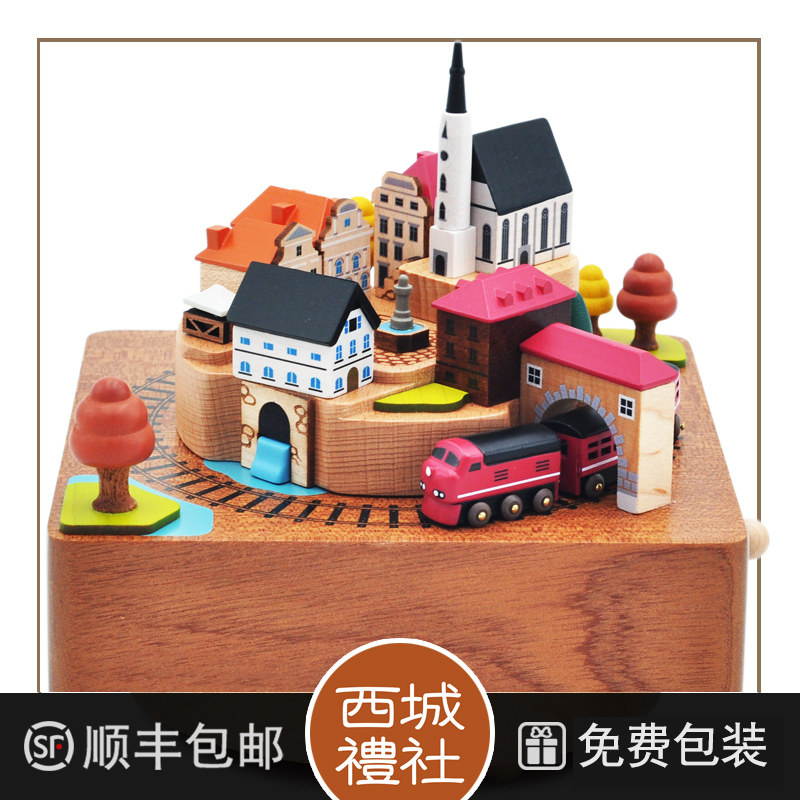 jeancard音乐盒秋季火车台湾木质旋转八音盒送女生小孩生日礼物