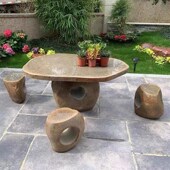 整石石桌石凳鹅卵石庭院花园户外石凳园林休闲石桌茶台装 饰摆件