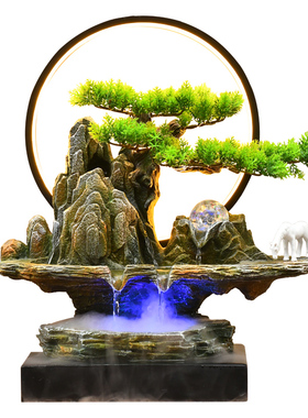 精选新中式迎客松山水盆景摆件客厅桌面玄关假山流水喷泉开业乔迁