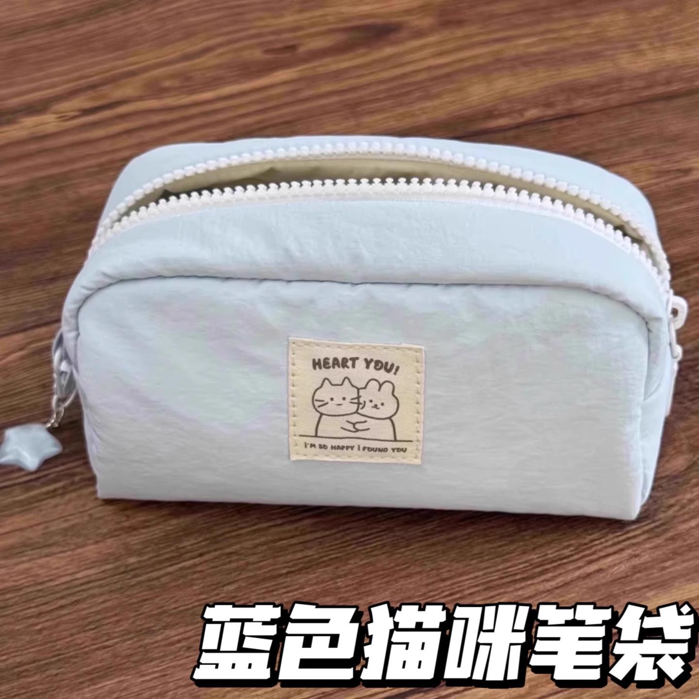 简约浅蓝可爱猫咪笔袋韩系少女心大容量文具收纳袋初中女生铅笔盒