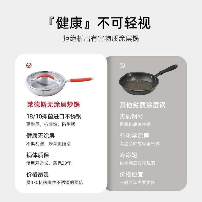 莱德斯304不锈钢26cm单柄煎锅无涂层少油烟家用煎炒一体丝带锅