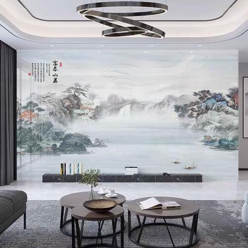 竹木纤维集成护墙板电视背景墙碳晶大板沙发背景墙板新中式山水画