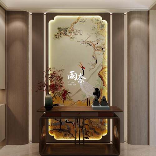 珐琅彩新中式客厅入户玄关背景墙装饰仙鹤手工绘画玻璃隔断