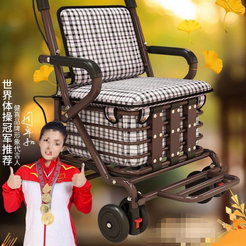 便携家用b老人代步车可折叠购物四轮买菜车可推可坐老年收纳手推