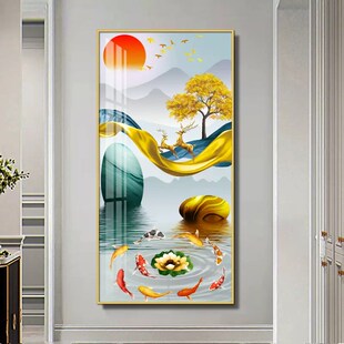 饰画客厅入户走廊九鱼聚财图挂画寓意好高档大气壁画 晶瓷画玄关装