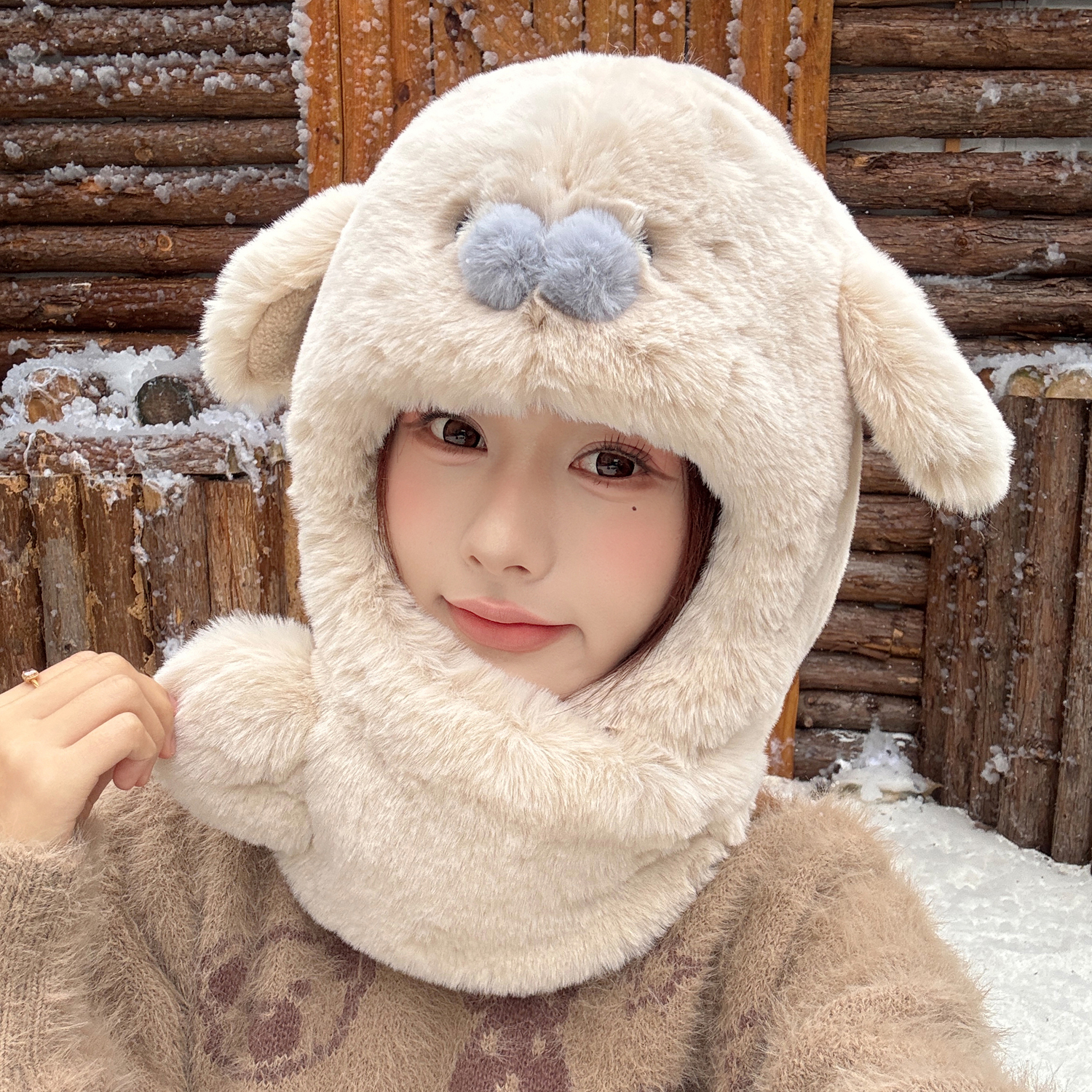 冬款毛绒可爱加厚保暖围脖一体