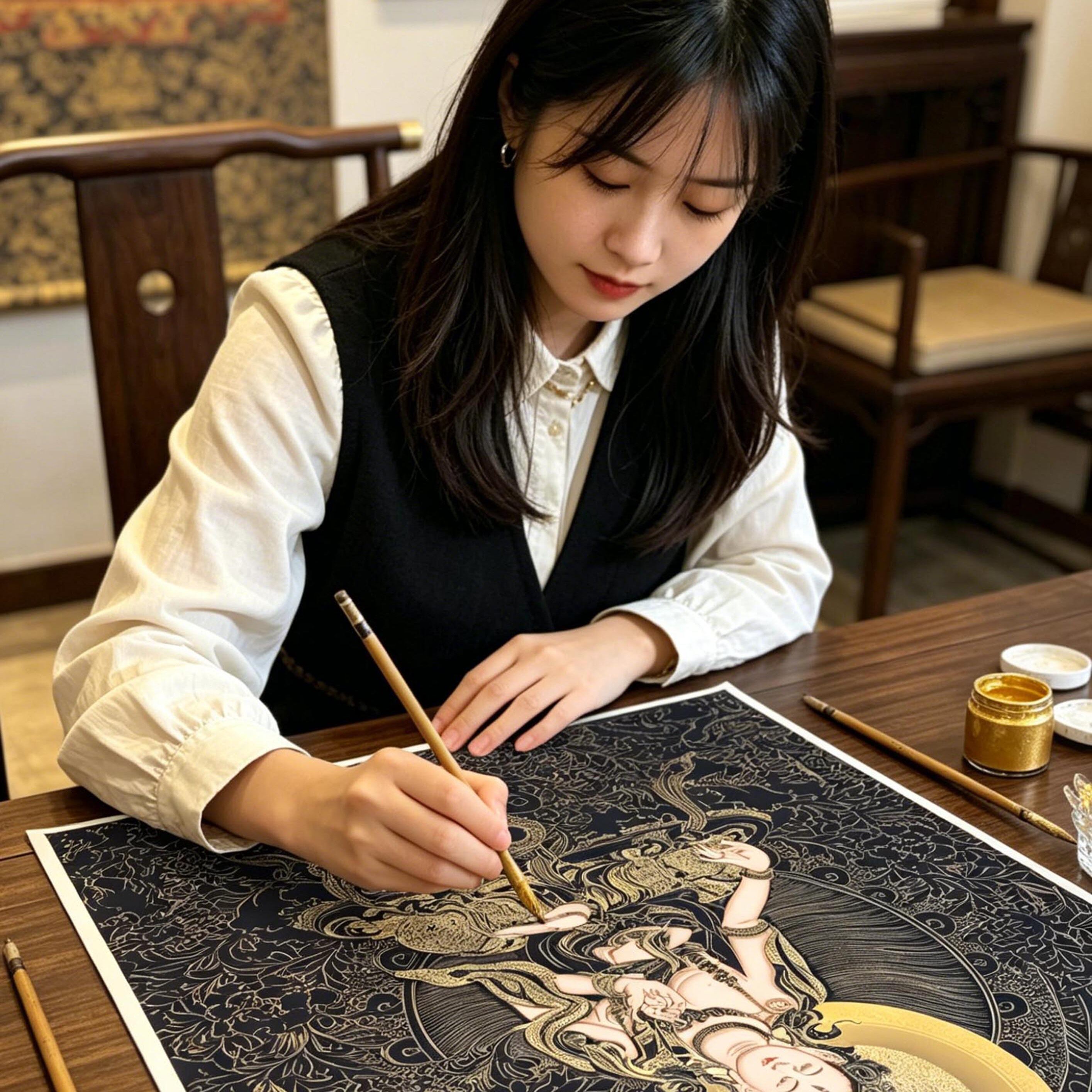 白度母唐卡手绘白描底稿图片