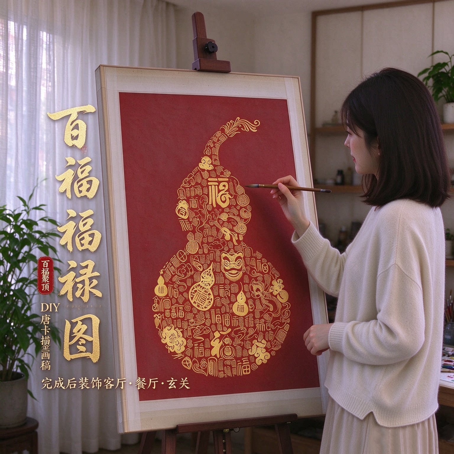 百福图福禄图手写diy解压手工葫芦成人礼物唐卡装饰挂画自己涂色