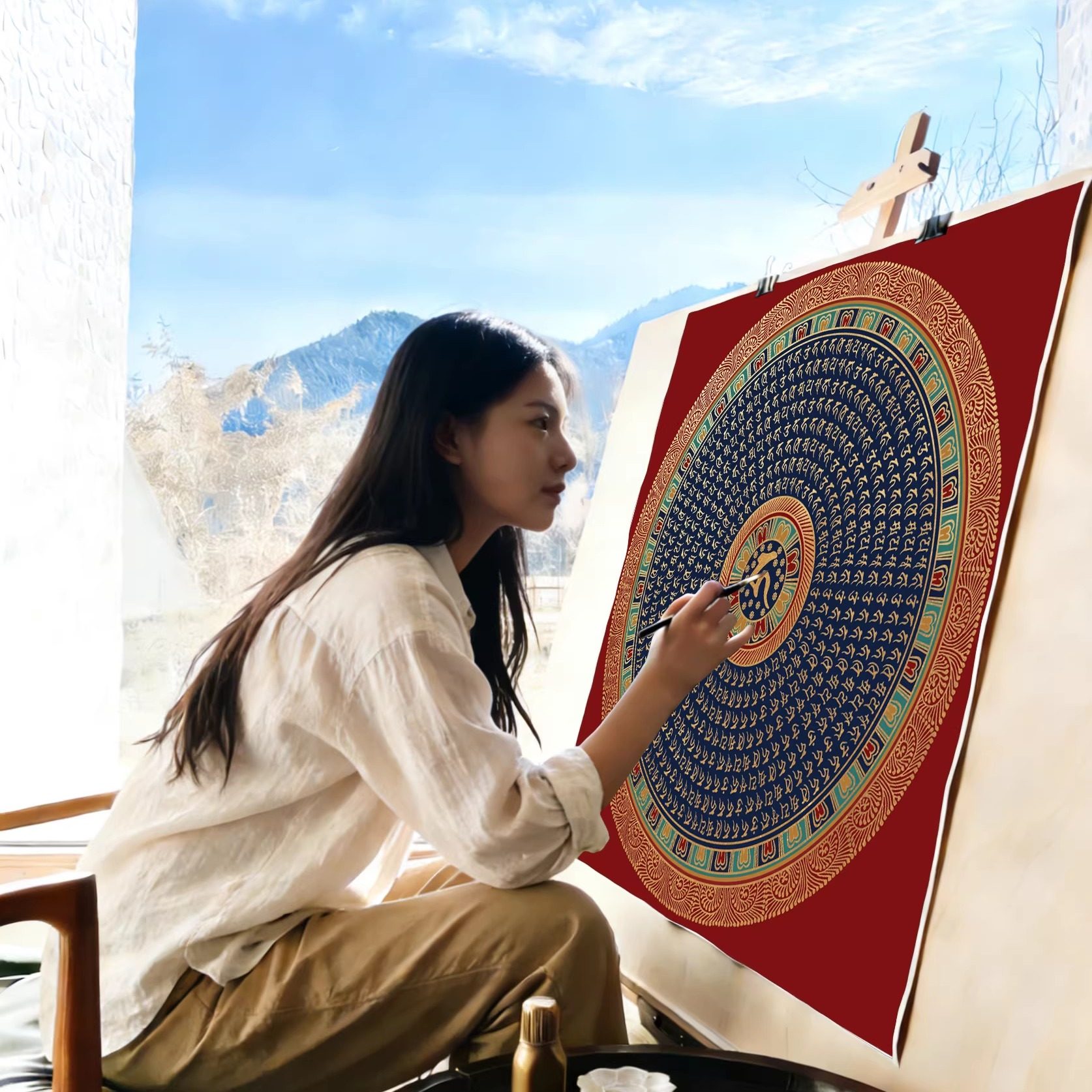 地藏心咒坛城唐卡手绘diy挂画装饰画客厅国风禅意手工填色民族风