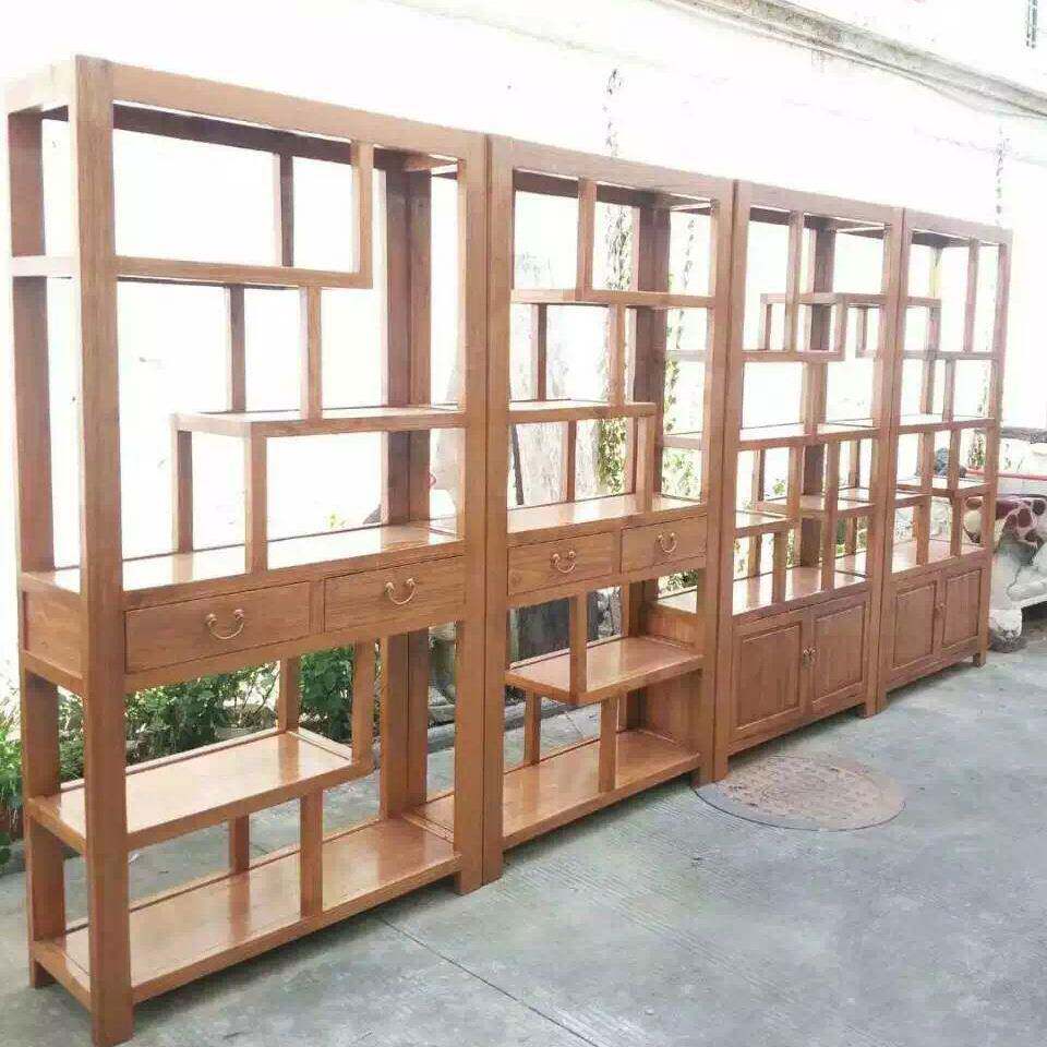新中式家具榆木博古架实木仿古墙壁多层格子架客厅隔断古董展示架