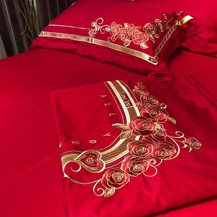 九喜狐婚庆家纺备婚红色四件套100支贡缎长绒棉结婚被套喜从天降