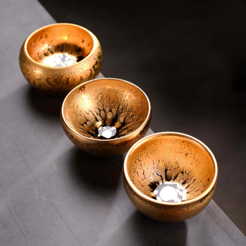 周灼彬黄金油滴建盏陈孝军鎏金鹧鸪釉窑变茶具纯手工铁胎大主人杯