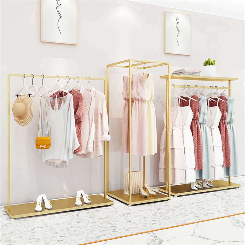 服装店展示架落地式女装店陈列货架铁艺架双层金色挂衣服架子