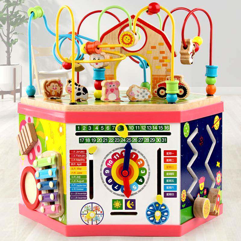 多功能儿童八面绕珠百宝箱大号婴幼儿益智早教串珠男女孩木制玩具