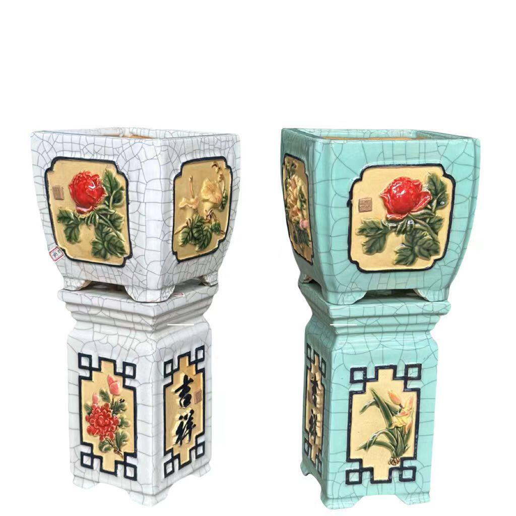 石湾盆小四方手工贴花陶瓷花盆家居摆设石湾盆酒店陶瓷花盆