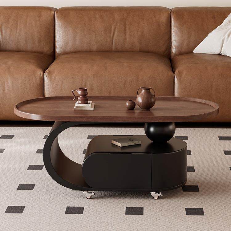 中古风可移动小茶几家用客厅小户型沙发边几椭圆形实木储物小推J&