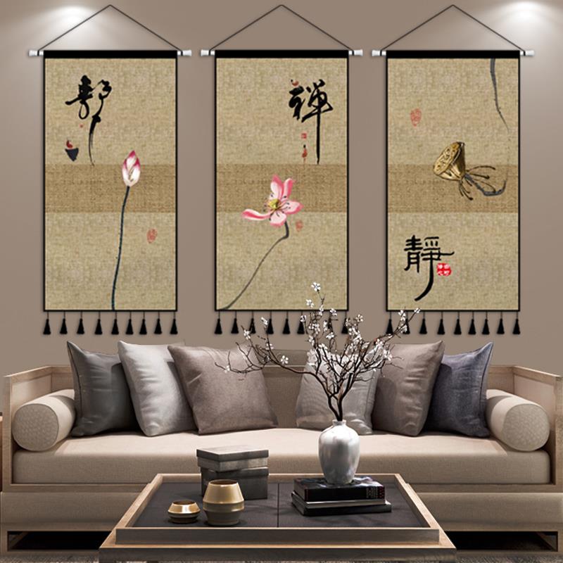 中式禅意复古玄关墙布挂布客厅茶室背景布艺挂画装饰挂毯定制布画图片