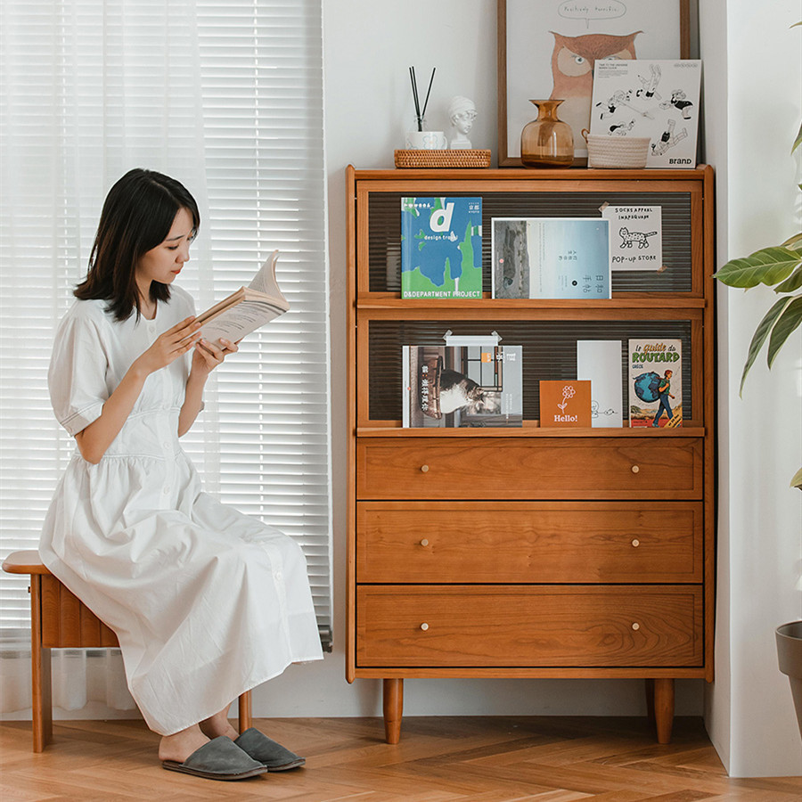 北欧实木餐边柜简约现代客厅玻璃储物收纳柜家用书房卧室书柜书架