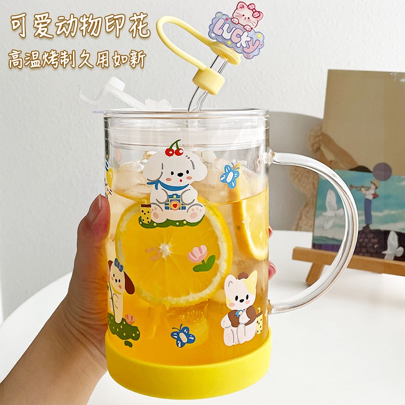 1000ml大容量玻璃水杯ins风卡通牛奶J果汁杯家用耐高温带盖吸管杯