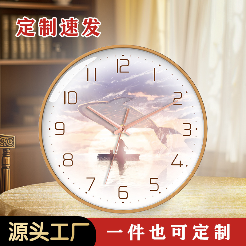 挂钟静音水彩风客厅金色圆形扫秒风景创意卧室钟表挂墙厂家批代发