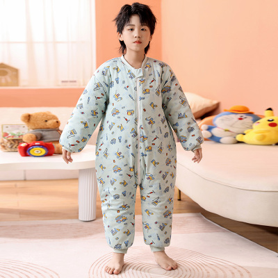男童连体连身睡衣加棉加厚儿童女孩家居服纯棉中大童宝宝睡袋冬季