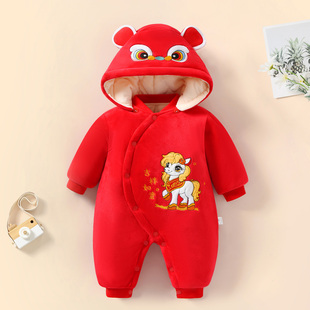 2026马年男女宝宝连体棉服加绒加厚新年婴儿红色拜年服新生儿哈衣