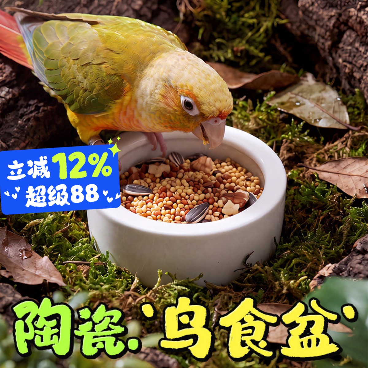 啾星人鹦鹉陶瓷食盆防洒防溅食碗图片