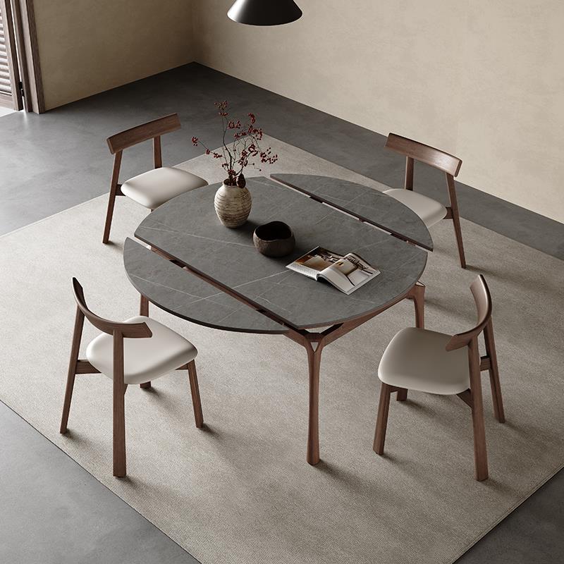 极简伸缩岩板餐桌方圆两用全托设计师款北欧家用小户型实木圆桌