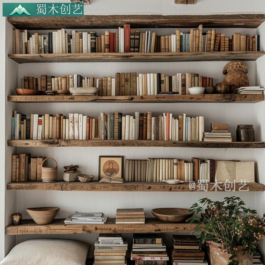 覆古破烂老船木隔板墙上沙发书架实木置物架一字型挂墙收纳覆古风