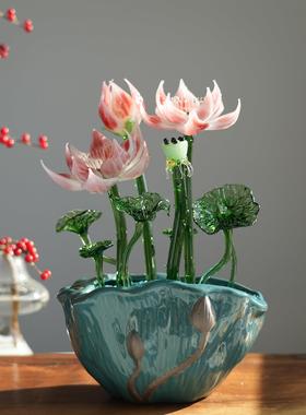 琉璃手作新中式荷花桌面盆栽摆件荷塘莲景好运莲莲治愈装饰品礼物