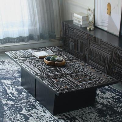 北欧比利时原木印尼进口实木柚木手工雕花方形茶几组合轻奢现代