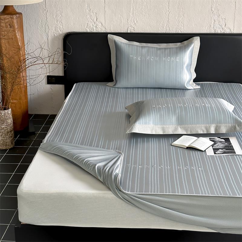 高端A类抗菌凉感冰丝席床笠三件套可机洗折叠条纹提花空调软席子3