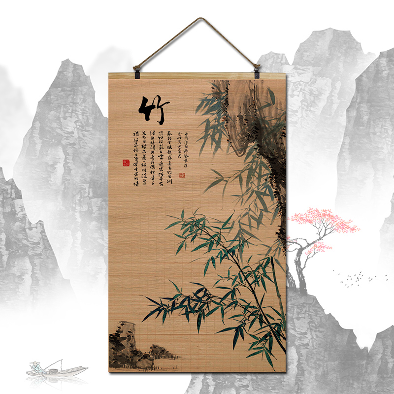兰花复古梅兰竹菊竹帘竹片卷轴挂画背景墙客厅玄关茶室花鸟装饰画