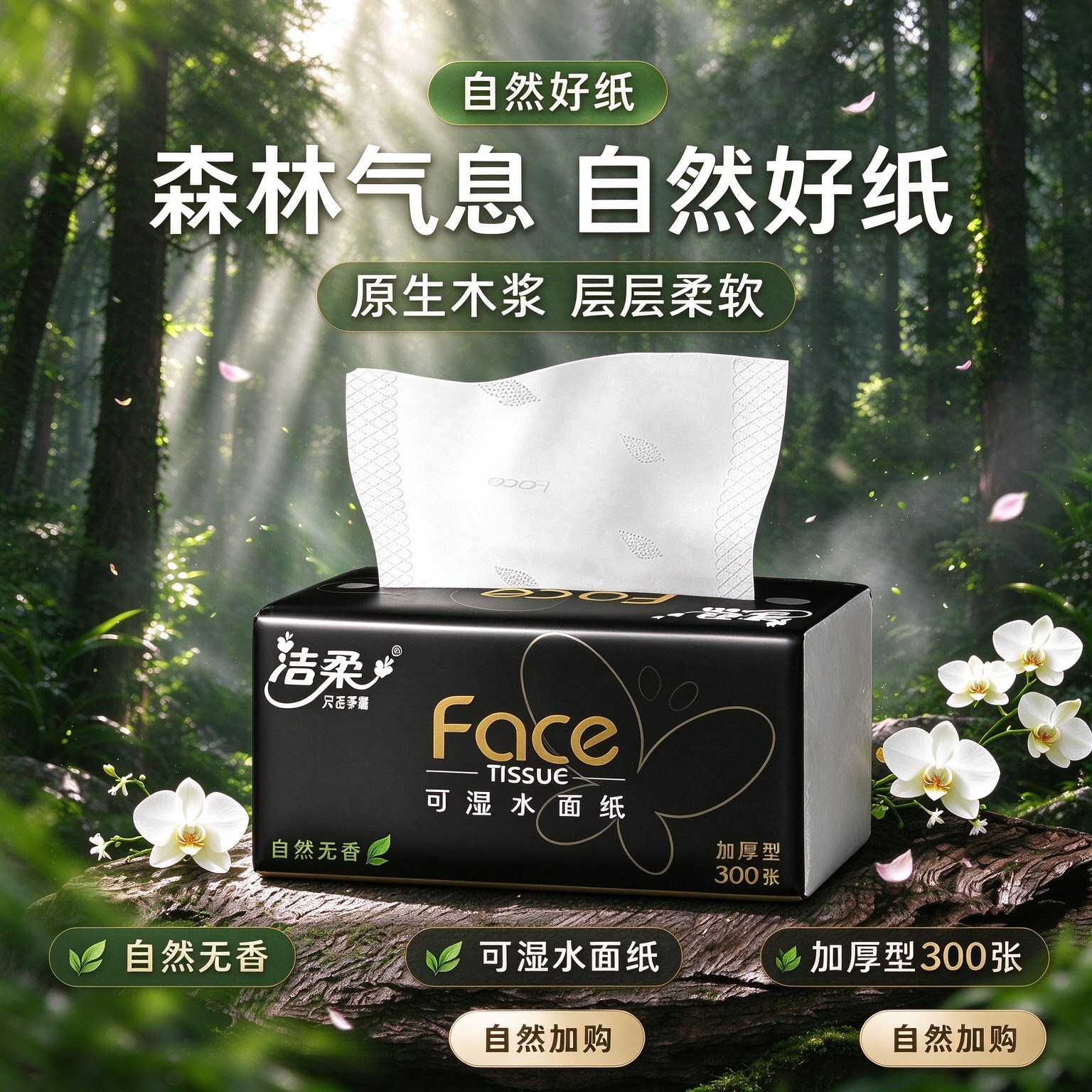洁柔Face可湿水面纸300张加厚型原生木浆自然无香家用纸巾88VIP