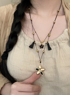 抽拉式黑金花朵长款叠戴项链女款甜酷高级感毛衣链日常百搭卫衣链