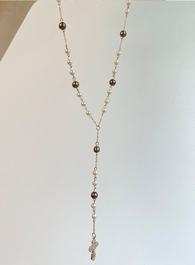 欧美风十字架仿珍珠串珠Y形项链轻奢时尚百搭长款毛衣链秋冬配