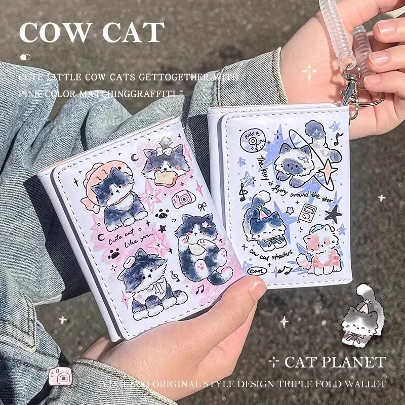 可爱卡通猫咪三折钱包女小众学生儿童零钱包卡包手工防水皮质蓝色