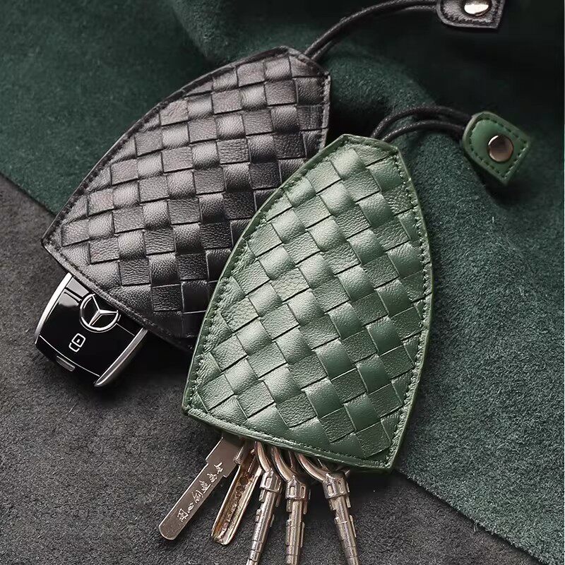 编织纹挂饰汽车钥匙包男女通用汽车钥匙收纳包抽拉式保护套羊皮
