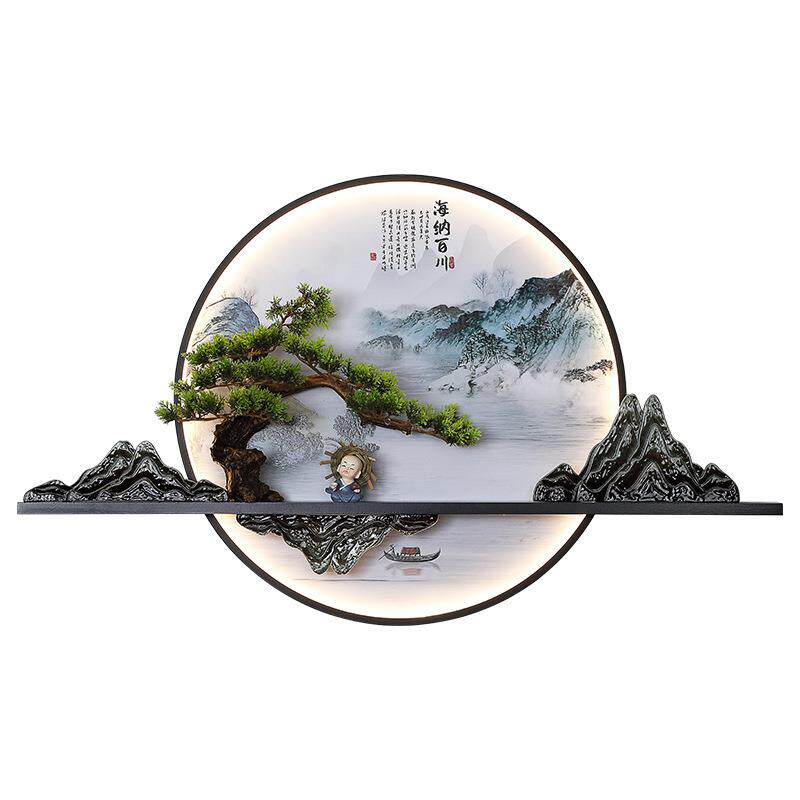 新中式客厅装饰壁灯背景墙山水画灯创意卧室圆形壁画艺术茶室灯饰