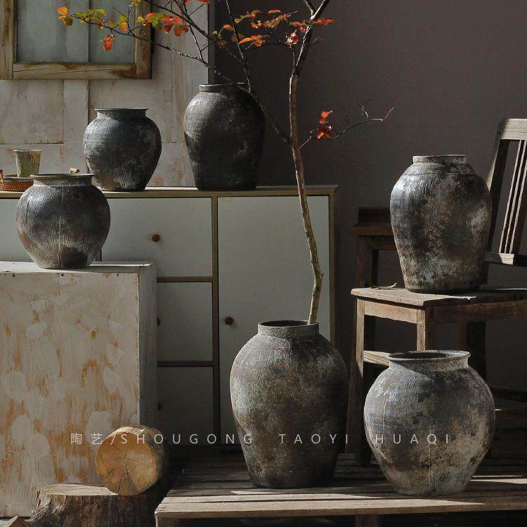 手工粗陶花瓶景德镇做旧仿出土陶器复古风茶室禅意落地老陶罐