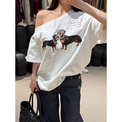 Hollister小海鸥春秋新款美式印花斜肩露肩T恤女装宽松短袖上衣薄