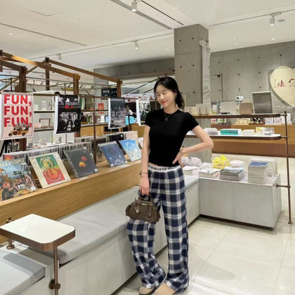 Hollister小海鸥秋冬格子阔腿裤女装高腰显瘦休闲裤宽松直筒长裤