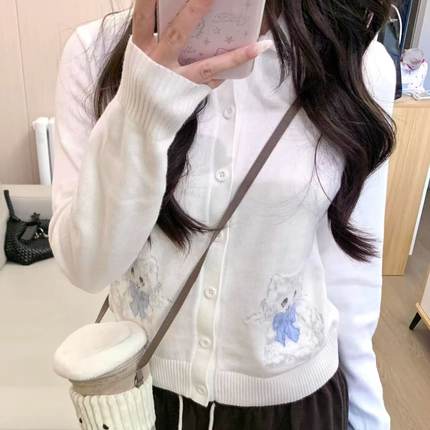 Hollister秋冬女装猫咪刺绣针织衫开衫圆领外套休闲修身毛衣服潮