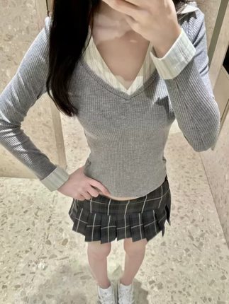 Hollister小海鸥针织衫女装美式复古V领修身显瘦长袖打底衫上衣潮