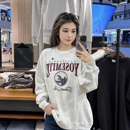 小海鸥Hollister宽松加绒卫衣美式复古印花圆领长袖慵懒风上衣潮